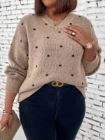 Elorivane Plus Size Polka Dot Sweater, Crew Neck Long Sleeve Knit Pullover, Fall Thanksgiving Casual Daily Top