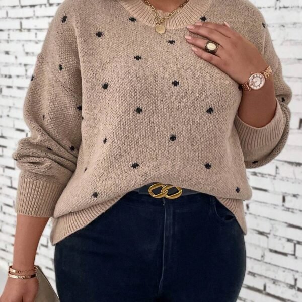 Elorivane Plus Size Polka Dot Sweater, Crew Neck Long Sleeve Knit Pullover, Fall Thanksgiving Casual Daily Top