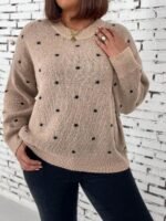 Elorivane Plus Size Polka Dot Sweater, Crew Neck Long Sleeve Knit Pullover, Fall Thanksgiving Casual Daily Top - Image 3
