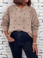 Elorivane Plus Size Polka Dot Sweater, Crew Neck Long Sleeve Knit Pullover, Fall Thanksgiving Casual Daily Top - Image 4