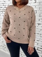 Elorivane Plus Size Polka Dot Sweater, Crew Neck Long Sleeve Knit Pullover, Fall Thanksgiving Casual Daily Top - Image 5