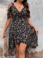 Elorivane Plus Size Boho Floral Print Hollow Out Shoulder Dress for Summer Casual Wear