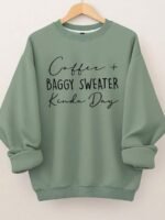 Elorivane Plus Size Letter Print Round Neck Sweatshirt for Autumn Winter Casual Wear