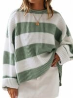 Elorivane Plus Size Colorblock Striped Sweater, Autumn Winter Casual Knit Top