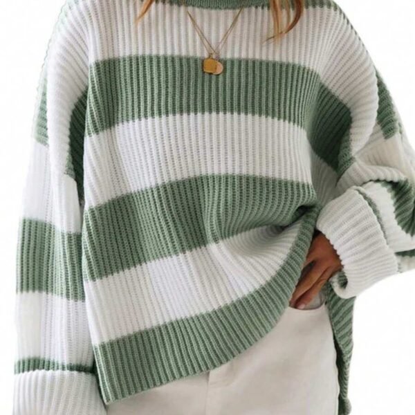 Elorivane Plus Size Colorblock Striped Sweater, Autumn Winter Casual Knit Top