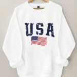 Elorivane Plus Size Navy American Flag Lettering Thermal Sweatshirt, Crew Neck Long Sleeve Pullover, Fall Winter Casual Top