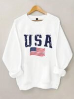 Elorivane Plus Size Navy American Flag Lettering Thermal Sweatshirt, Crew Neck Long Sleeve Pullover, Fall Winter Casual Top