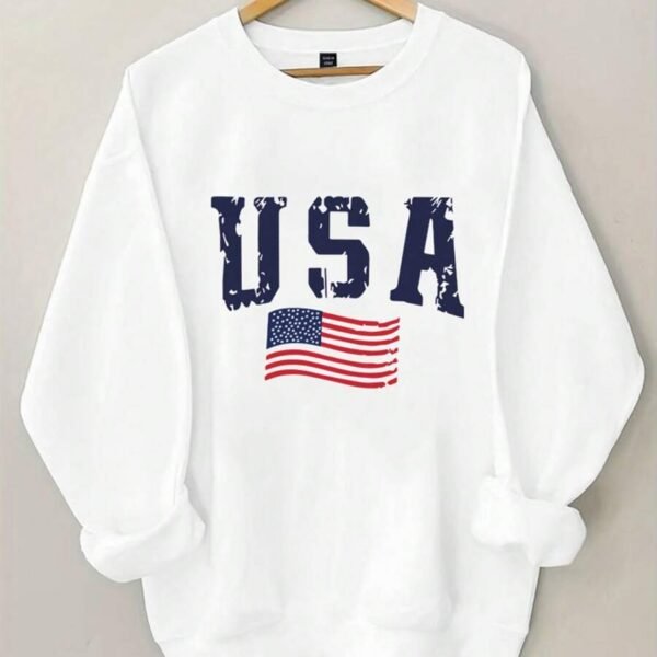 Elorivane Plus Size Navy American Flag Lettering Thermal Sweatshirt, Crew Neck Long Sleeve Pullover, Fall Winter Casual Top
