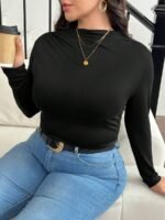 Elorivane Plus Size Mock Neck Ruched Slim Fit Tee, Fall Casual Top