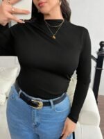 Elorivane Plus Size Mock Neck Ruched Slim Fit Tee, Fall Casual Top - Image 3
