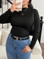 Elorivane Plus Size Mock Neck Ruched Slim Fit Tee, Fall Casual Top - Image 4