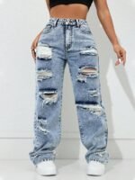 Elorivane Women's Distressed Straight Leg Jeans, American Street Style Casual Spring Fall - Image 3