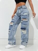 Elorivane Women's Distressed Straight Leg Jeans, American Street Style Casual Spring Fall - Image 5