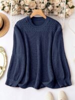 Elorivane Plus Size Solid Color Round Neck Knitted Pullover Sweater Lantern Sleeve Simple Casual Top for Autumn Winter Wear - Image 6