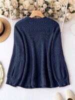 Elorivane Plus Size Solid Color Round Neck Knitted Pullover Sweater Lantern Sleeve Simple Casual Top for Autumn Winter Wear - Image 7