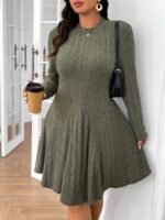 Elorivane Plus Size Ribbed Brushed A-Line Dress, Slim Fit, Fall Casual Wear - Image 3