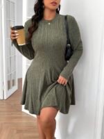 Elorivane Plus Size Ribbed Brushed A-Line Dress, Slim Fit, Fall Casual Wear - Image 4