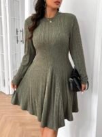 Elorivane Plus Size Ribbed Brushed A-Line Dress, Slim Fit, Fall Casual Wear - Image 6