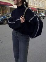 Elorivane Women's French Contrast Stitching High Neck Knit Sweater | Commuter Versatile Black Pullover Fall - Image 4