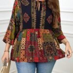 Elorivane Plus Size Navy Blue 90s Vintage Floral Print Peplum Shirt Boho Vacation Top for Summer Casual Wear