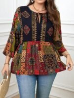 Elorivane Plus Size Navy Blue 90s Vintage Floral Print Peplum Shirt Boho Vacation Top for Summer Casual Wear