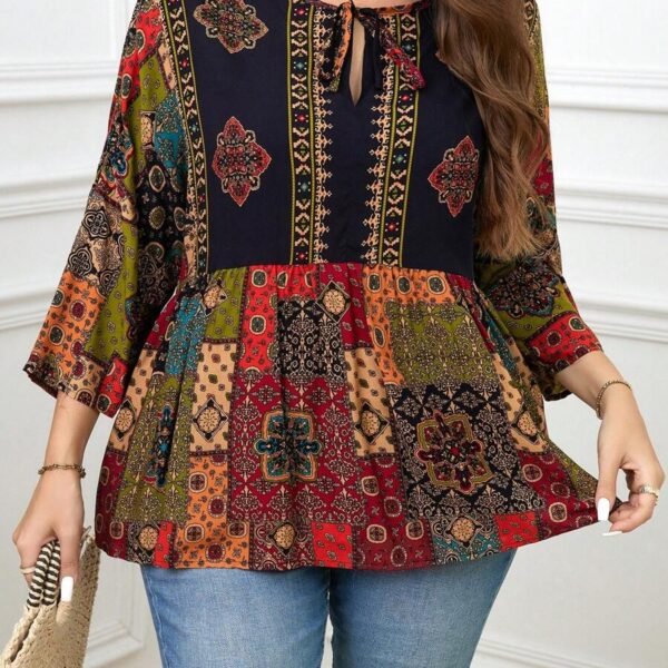 Elorivane Plus Size Navy Blue 90s Vintage Floral Print Peplum Shirt Boho Vacation Top for Summer Casual Wear