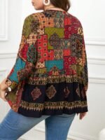 Elorivane Plus Size Navy Blue 90s Vintage Floral Print Peplum Shirt Boho Vacation Top for Summer Casual Wear - Image 2