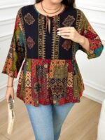 Elorivane Plus Size Navy Blue 90s Vintage Floral Print Peplum Shirt Boho Vacation Top for Summer Casual Wear - Image 3
