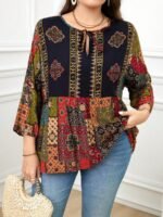 Elorivane Plus Size Navy Blue 90s Vintage Floral Print Peplum Shirt Boho Vacation Top for Summer Casual Wear - Image 4
