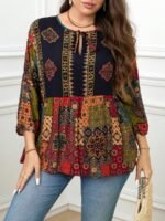 Elorivane Plus Size Navy Blue 90s Vintage Floral Print Peplum Shirt Boho Vacation Top for Summer Casual Wear - Image 5