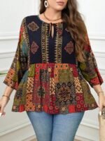 Elorivane Plus Size Navy Blue 90s Vintage Floral Print Peplum Shirt Boho Vacation Top for Summer Casual Wear - Image 6