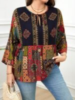 Elorivane Plus Size Navy Blue 90s Vintage Floral Print Peplum Shirt Boho Vacation Top for Summer Casual Wear - Image 7