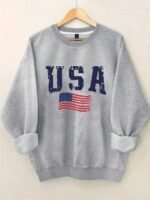 Elorivane Plus Size Navy American Flag Lettering Thermal Sweatshirt, Crew Neck Long Sleeve Pullover, Fall Winter Casual Top - Image 10