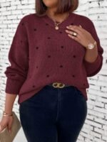 Elorivane Plus Size Polka Dot Sweater, Crew Neck Long Sleeve Knit Pullover, Fall Thanksgiving Casual Daily Top - Image 10