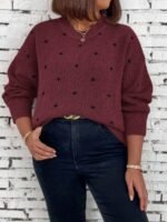 Elorivane Plus Size Polka Dot Sweater, Crew Neck Long Sleeve Knit Pullover, Fall Thanksgiving Casual Daily Top - Image 12