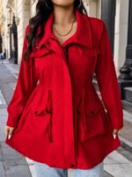 Elorivane Plus Size Hooded Cinched Waist Long Sleeve Jacket with Pockets for Fall - Image 7