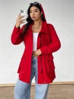 Elorivane Plus Size Hooded Cinched Waist Long Sleeve Jacket with Pockets for Fall - Image 6