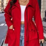Elorivane Plus Size Hooded Cinched Waist Long Sleeve Jacket with Pockets for Fall