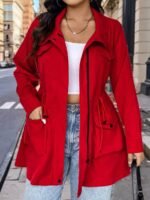 Elorivane Plus Size Hooded Cinched Waist Long Sleeve Jacket with Pockets for Fall