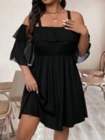 Elorivane Plus Size Solid Color Cold Shoulder Dress with Ruffle Trim Elegant Casual Wear