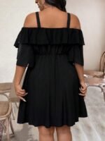 Elorivane Plus Size Solid Color Cold Shoulder Dress with Ruffle Trim Elegant Casual Wear - Image 2