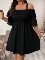 Elorivane Plus Size Solid Color Cold Shoulder Dress with Ruffle Trim Elegant Casual Wear - Image 3