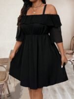 Elorivane Plus Size Solid Color Cold Shoulder Dress with Ruffle Trim Elegant Casual Wear - Image 4