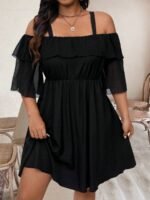 Elorivane Plus Size Solid Color Cold Shoulder Dress with Ruffle Trim Elegant Casual Wear - Image 5
