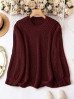 Elorivane Plus Size Solid Color Round Neck Knitted Pullover Sweater Lantern Sleeve Simple Casual Top for Autumn Winter Wear - Image 11