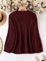 Elorivane Plus Size Solid Color Round Neck Knitted Pullover Sweater Lantern Sleeve Simple Casual Top for Autumn Winter Wear - Image 12