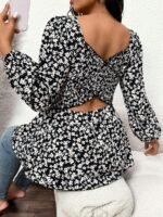 Elorivane Plus Size Sage Green Ditsy Floral Blouse, Criss-Cross Back Long Sleeve Top, Fall Winter Daily Going Out Wear - Image 5