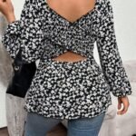 Elorivane Plus Size Sage Green Ditsy Floral Blouse, Criss-Cross Back Long Sleeve Top, Fall Winter Daily Going Out Wear