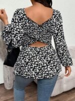 Elorivane Plus Size Sage Green Ditsy Floral Blouse, Criss-Cross Back Long Sleeve Top, Fall Winter Daily Going Out Wear