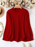 Elorivane Plus Size Solid Color Round Neck Knitted Pullover Sweater Lantern Sleeve Simple Casual Top for Autumn Winter Wear - Image 16